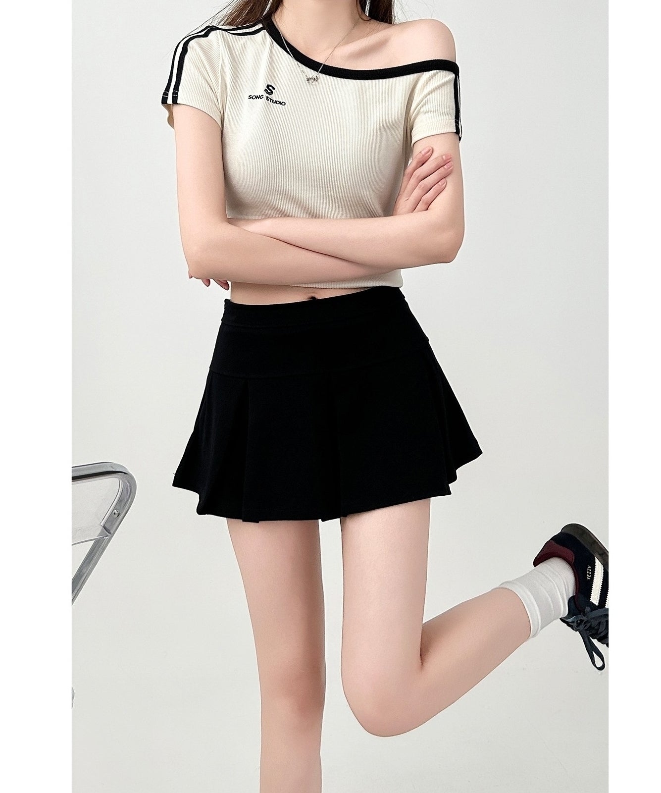 Pleated High Waist A Line Short Skirt Gray