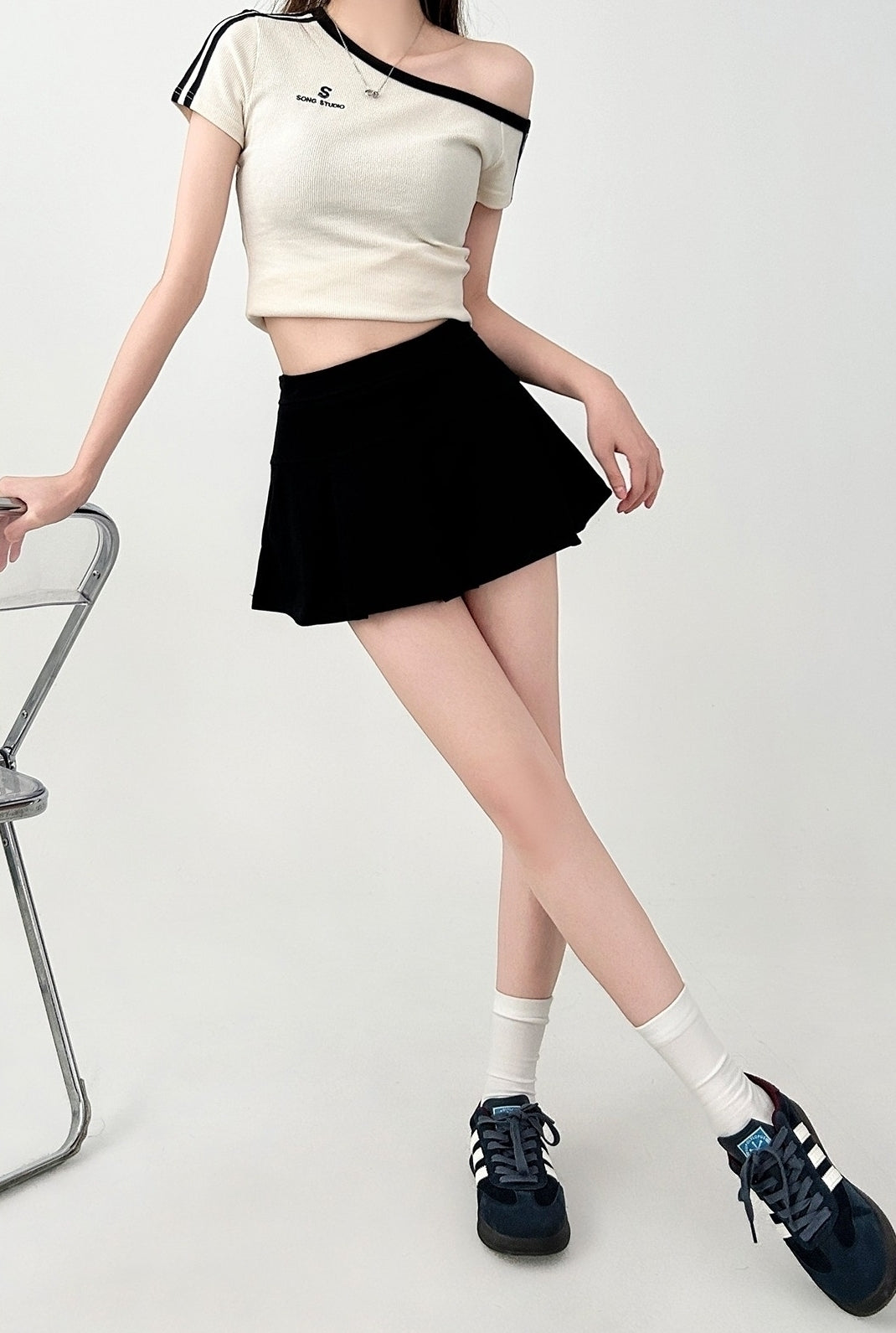 Pleated High Waist A Line Short Skirt Gray