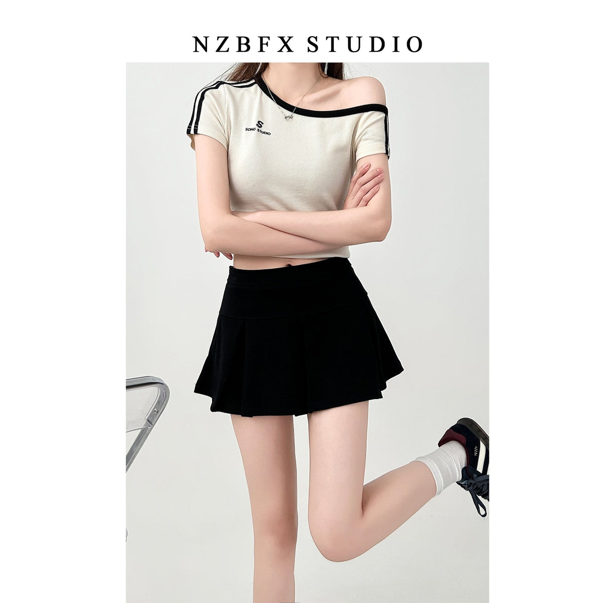Pleated High Waist A Line Short Skirt Gray