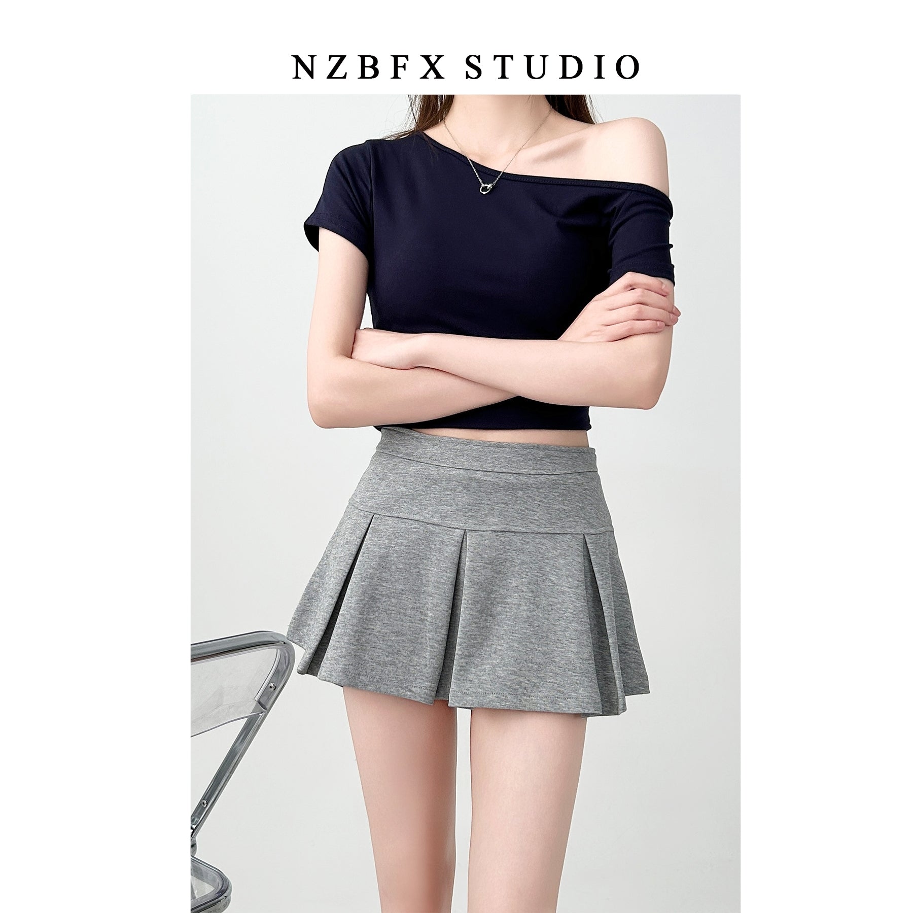 Pleated High Waist A Line Short Skirt Gray
