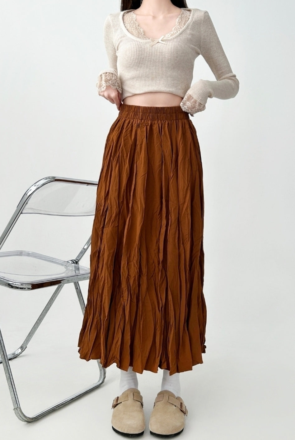 Pleated High Waist Midi Skirt For Curvy Style