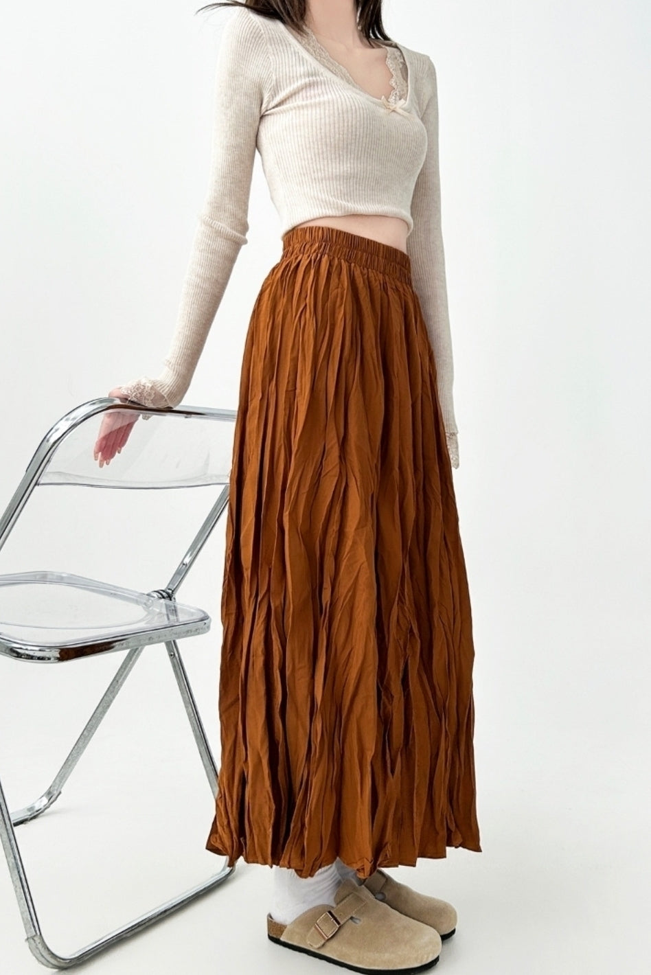 Pleated High Waist Midi Skirt For Curvy Style