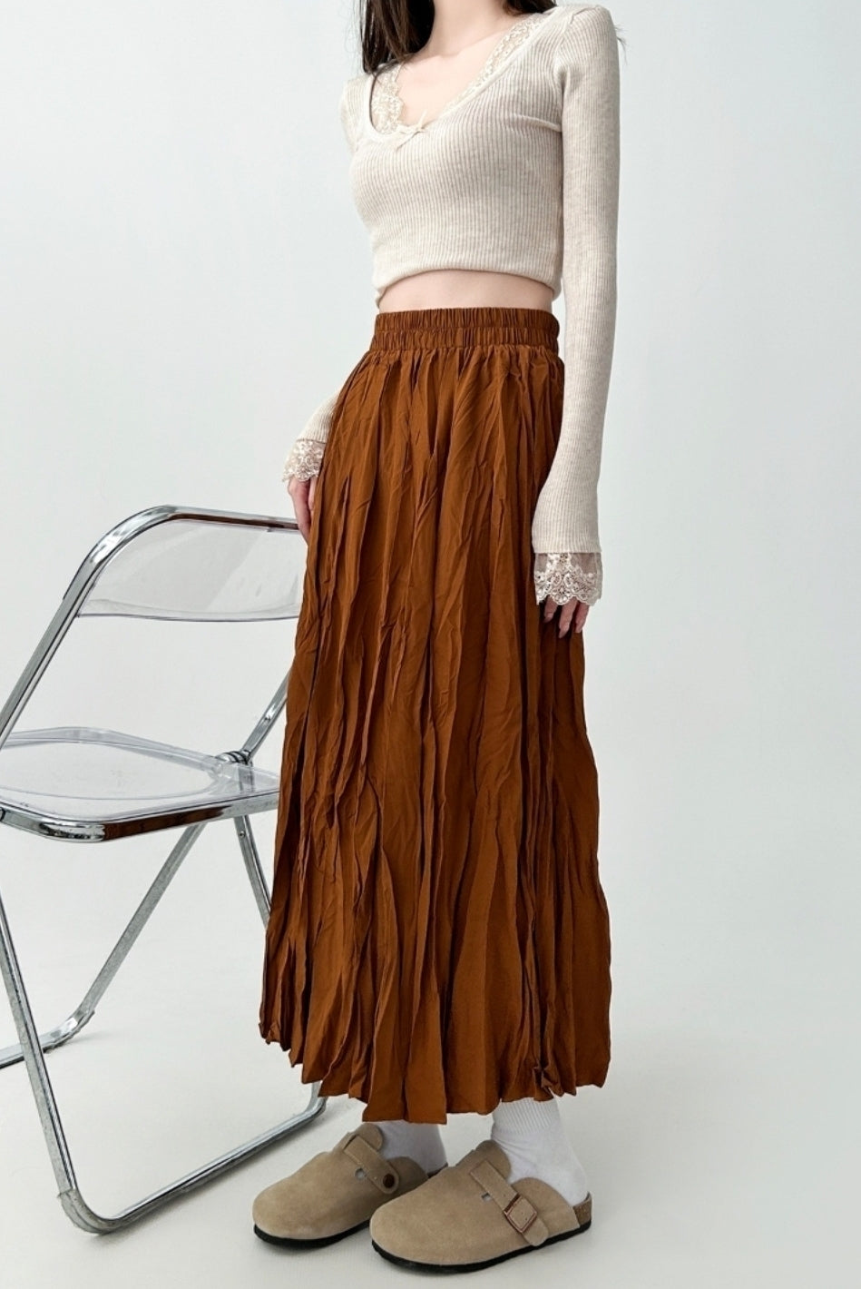Pleated High Waist Midi Skirt For Curvy Style