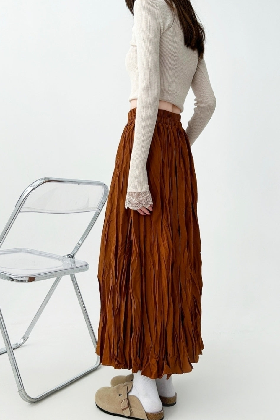Pleated High Waist Midi Skirt For Curvy Style