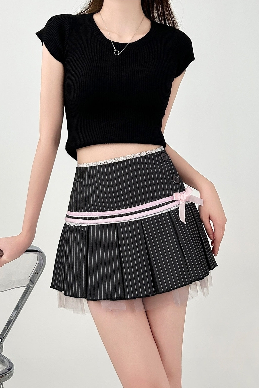 Pleated Lace Trim Striped Summer Skirt