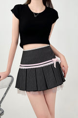 Pleated Lace Trim Striped Summer Skirt