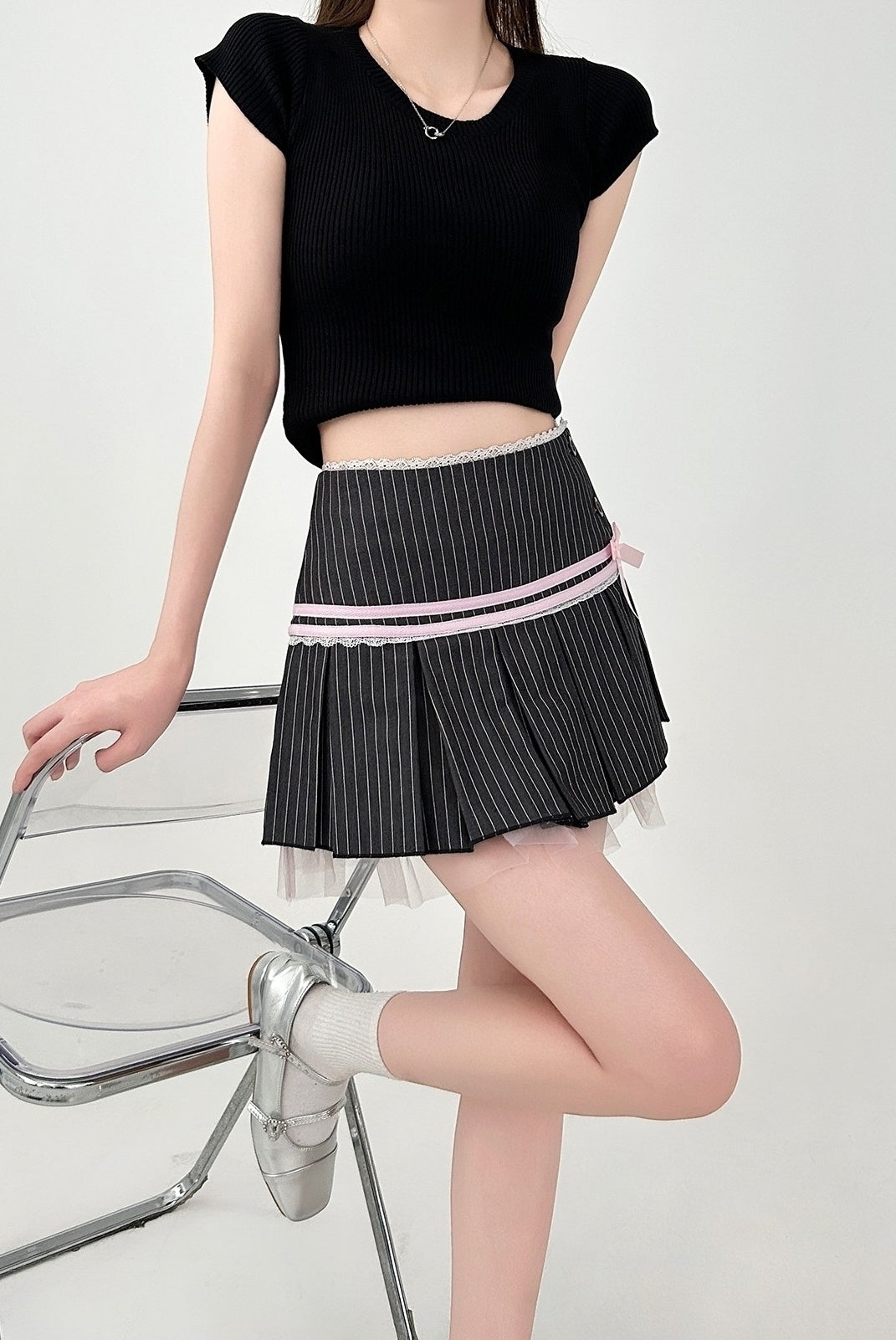 Pleated Lace Trim Striped Summer Skirt
