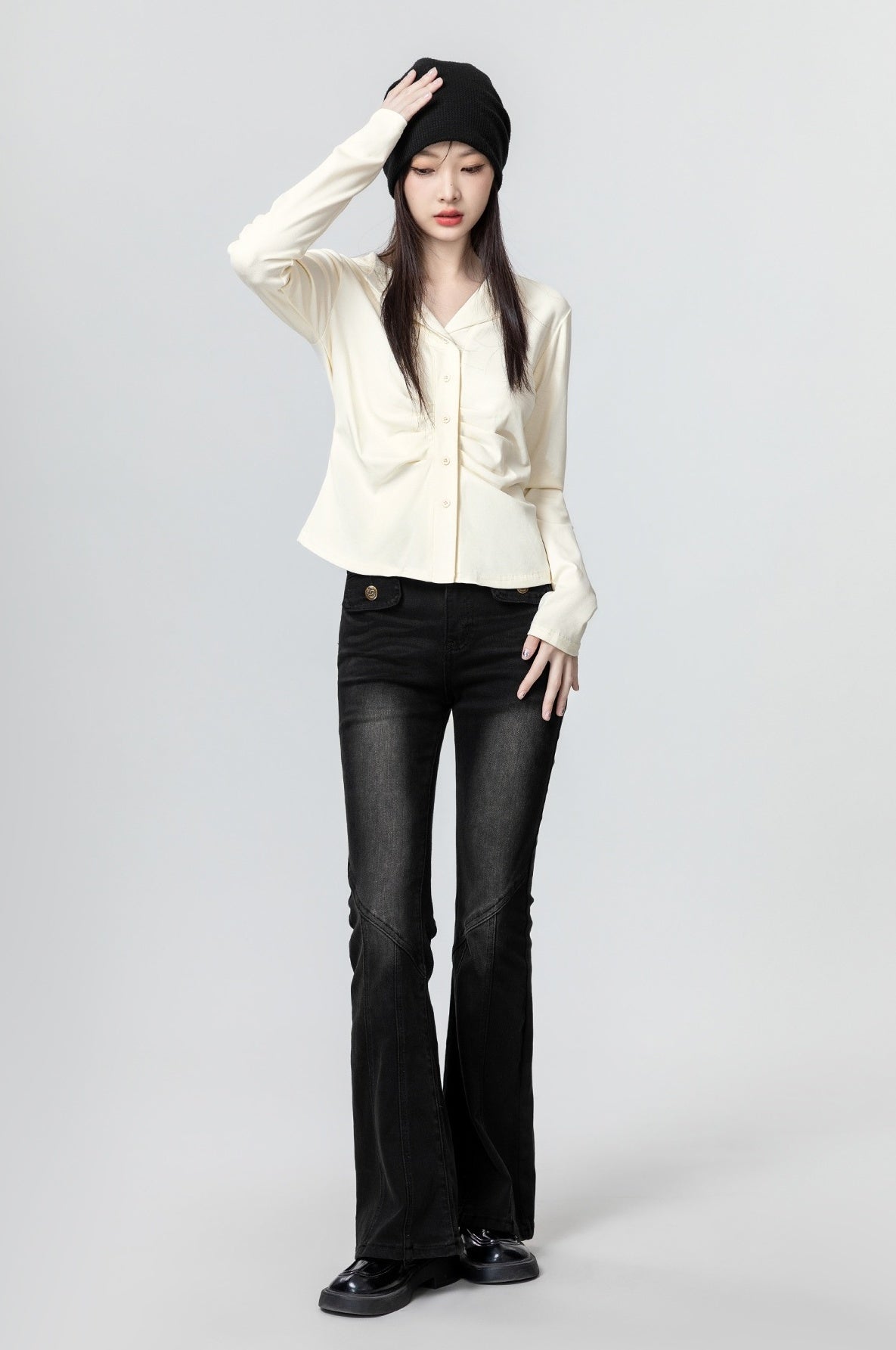Pleated Vneck Long Sleeve Top