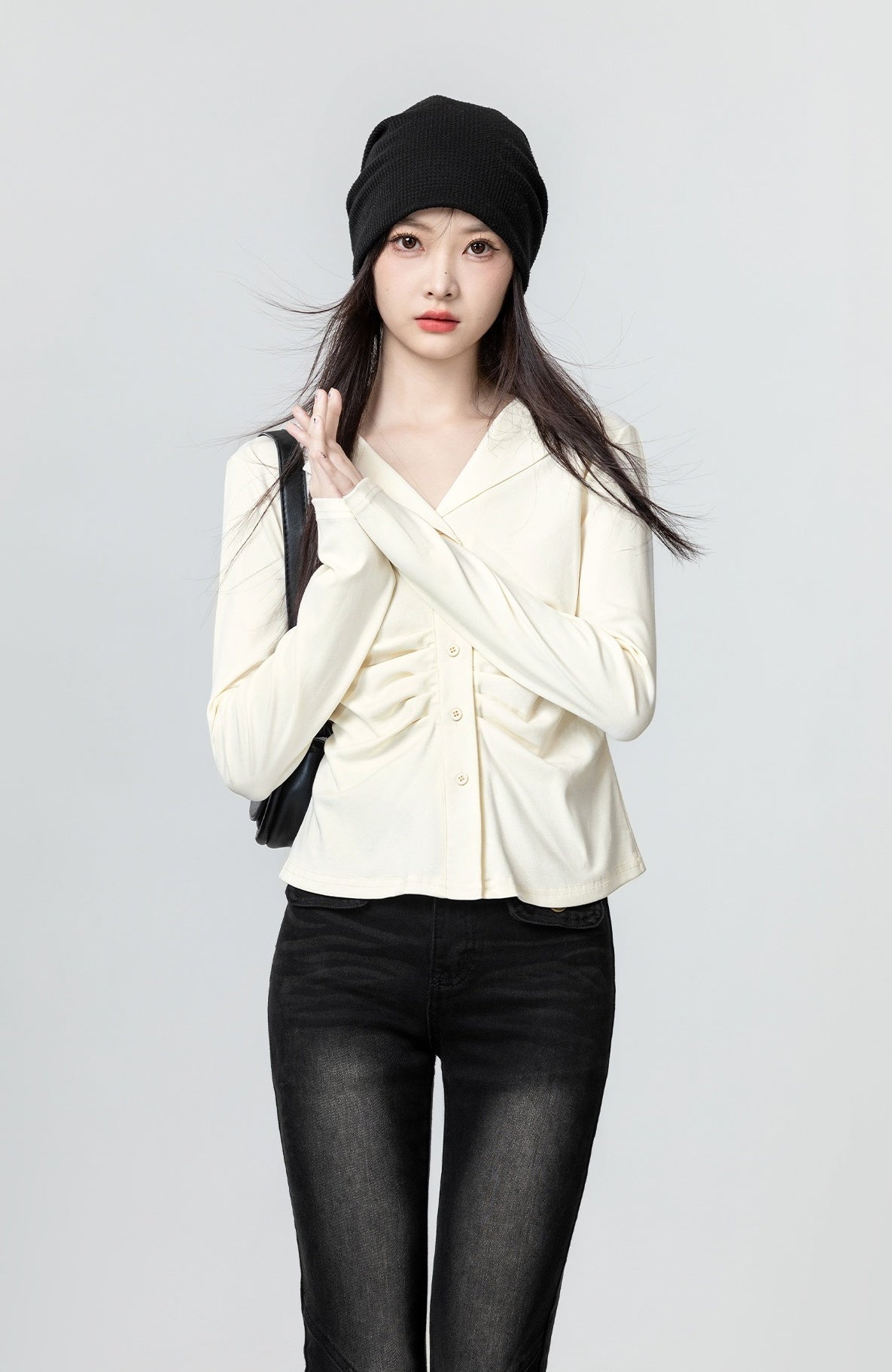 Pleated Vneck Long Sleeve Top