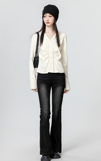 Pleated Vneck Long Sleeve Top