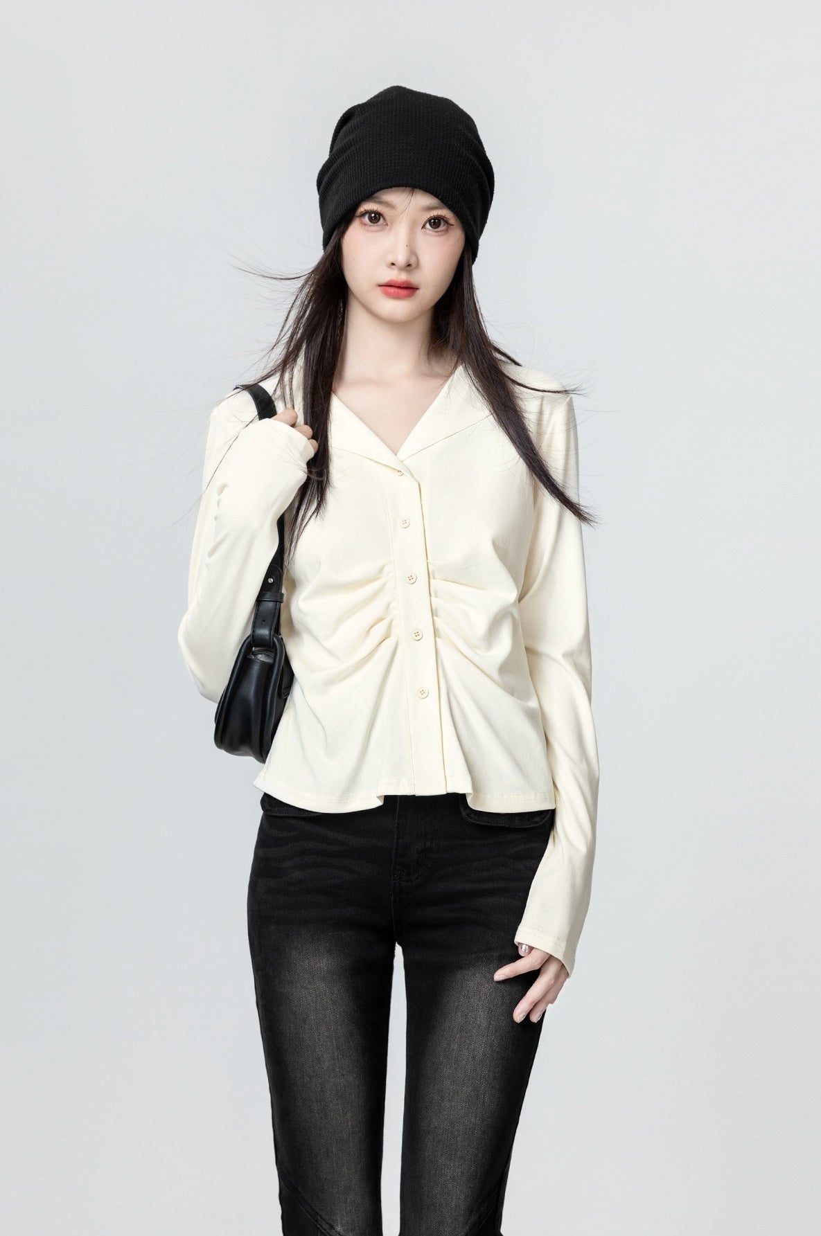 Pleated Vneck Long Sleeve Top