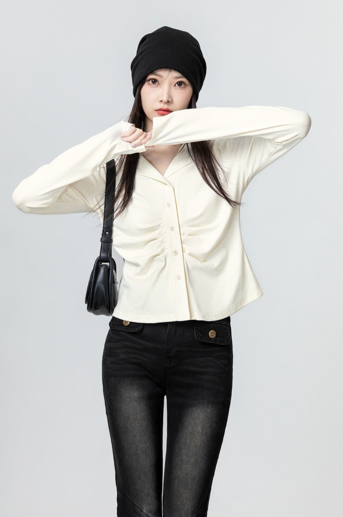 Pleated Vneck Long Sleeve Top