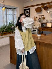Plus Size Casual Embroidered Shirt Vest Set