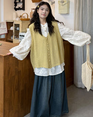 Plus Size Casual Embroidered Shirt Vest Set