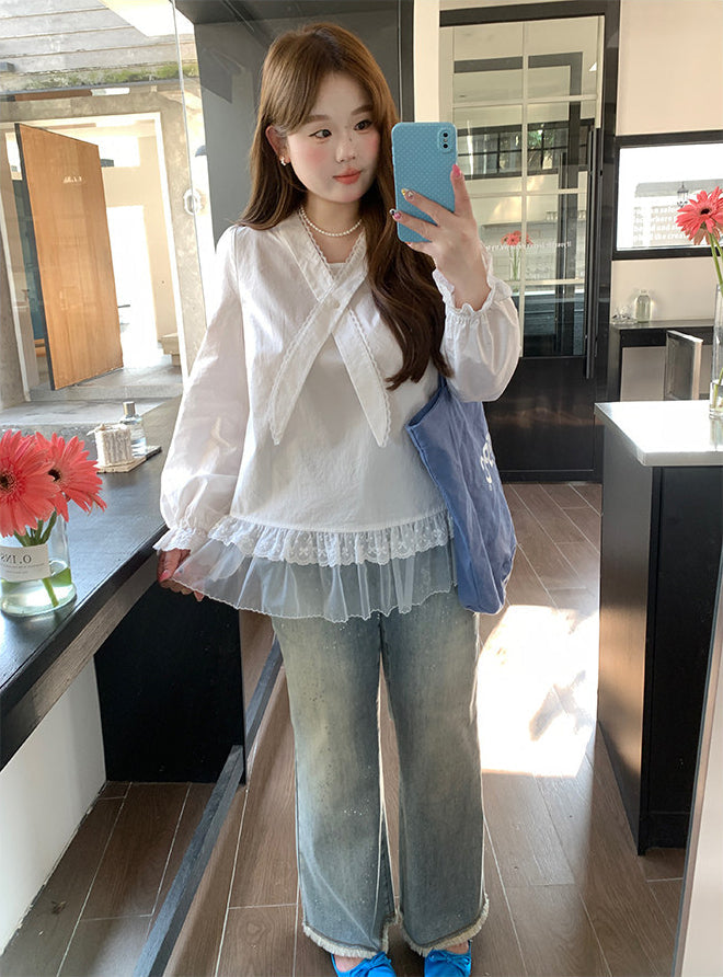 Plus Size Lace Patchwork Shirt