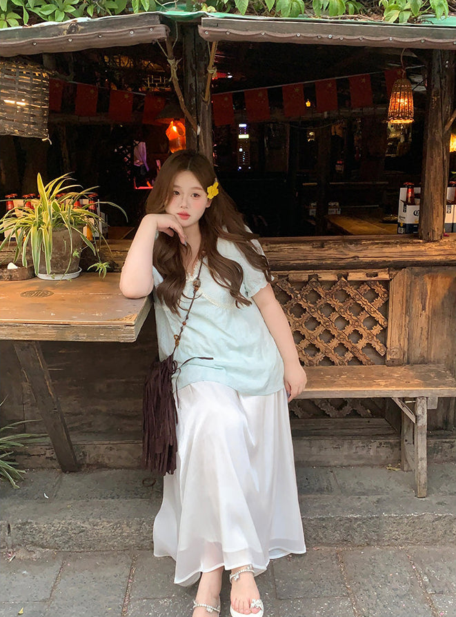 Plus Size Loose Short Sleeve Shirt Vacation Style