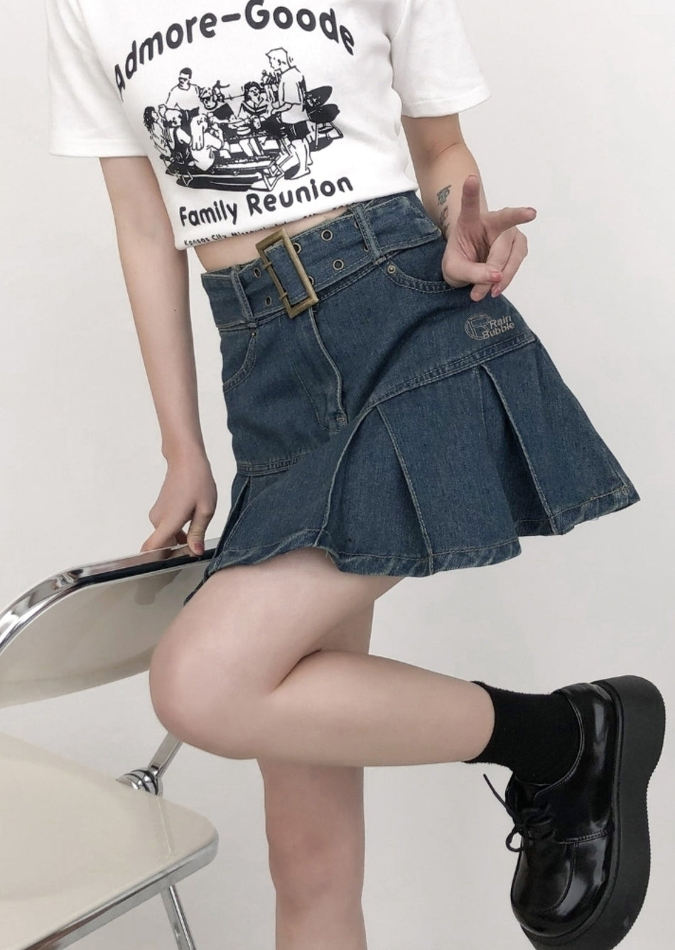Plus Size Pleated Denim A Line Mini Skirt