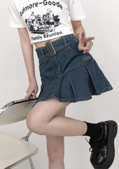 Plus Size Pleated Denim A Line Mini Skirt