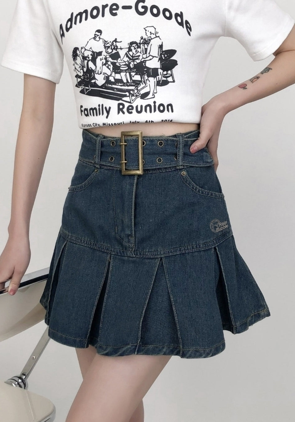 Plus Size Pleated Denim A Line Mini Skirt
