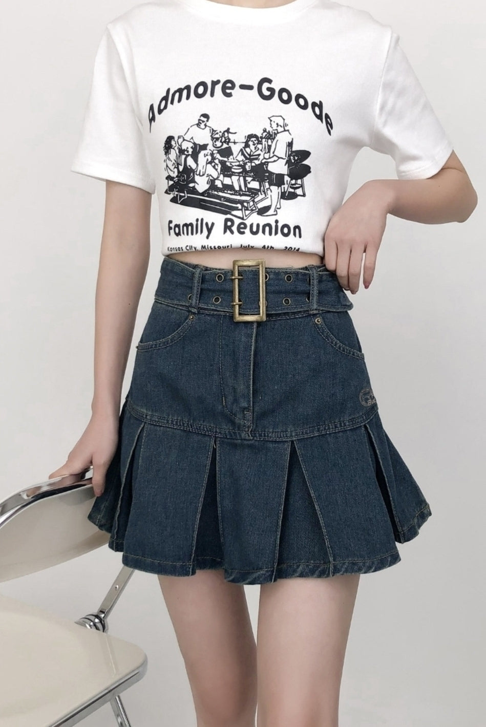 Plus Size Pleated Denim A Line Mini Skirt
