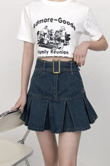 Plus Size Pleated Denim A Line Mini Skirt