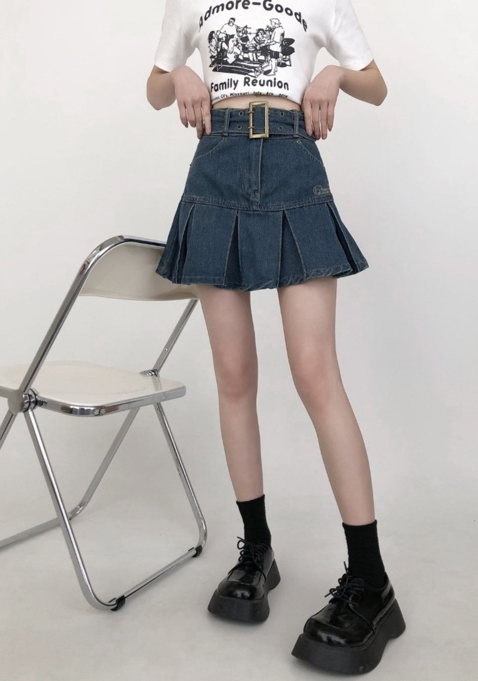 Plus Size Pleated Denim A Line Mini Skirt