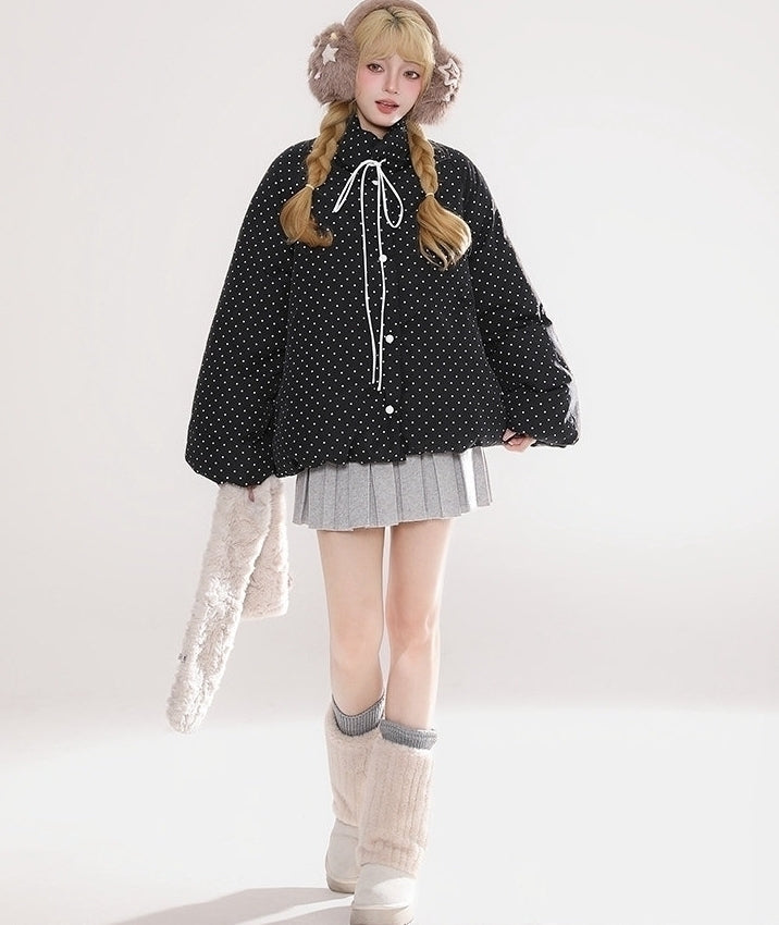 Polka Dot Drawstring Warm Puffer Jacket