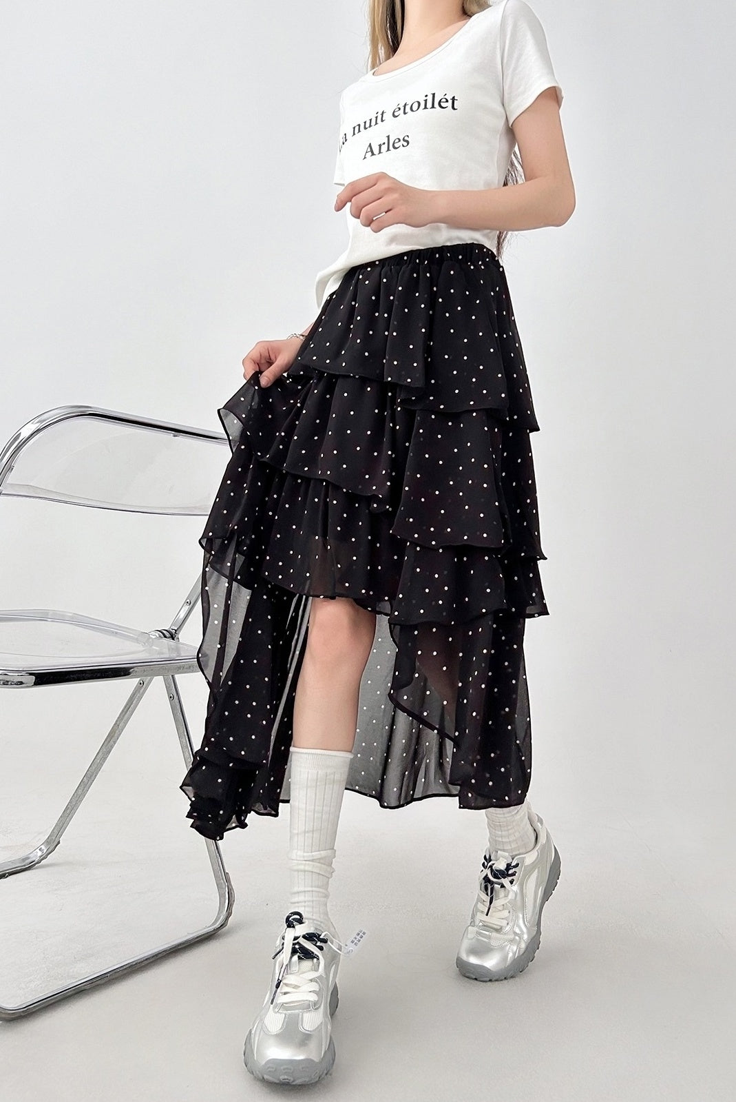 Polka Dot High Waist Mesh Midi Skirt