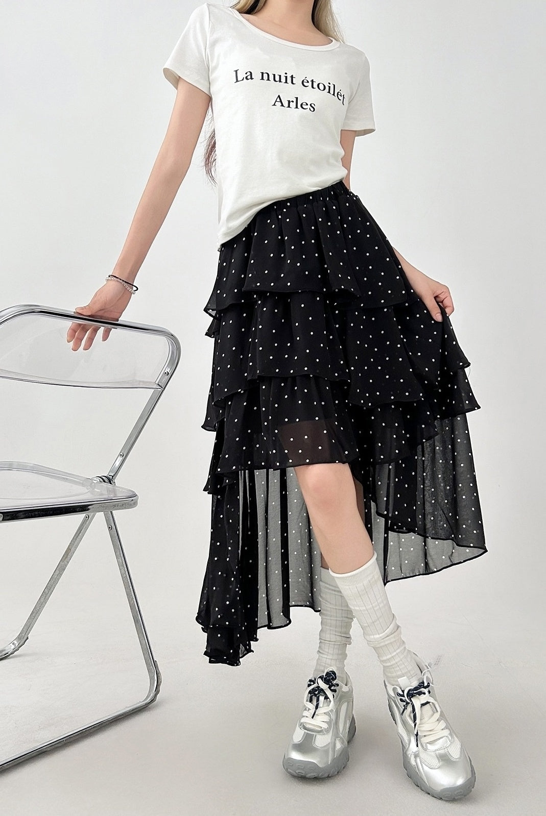 Polka Dot High Waist Mesh Midi Skirt