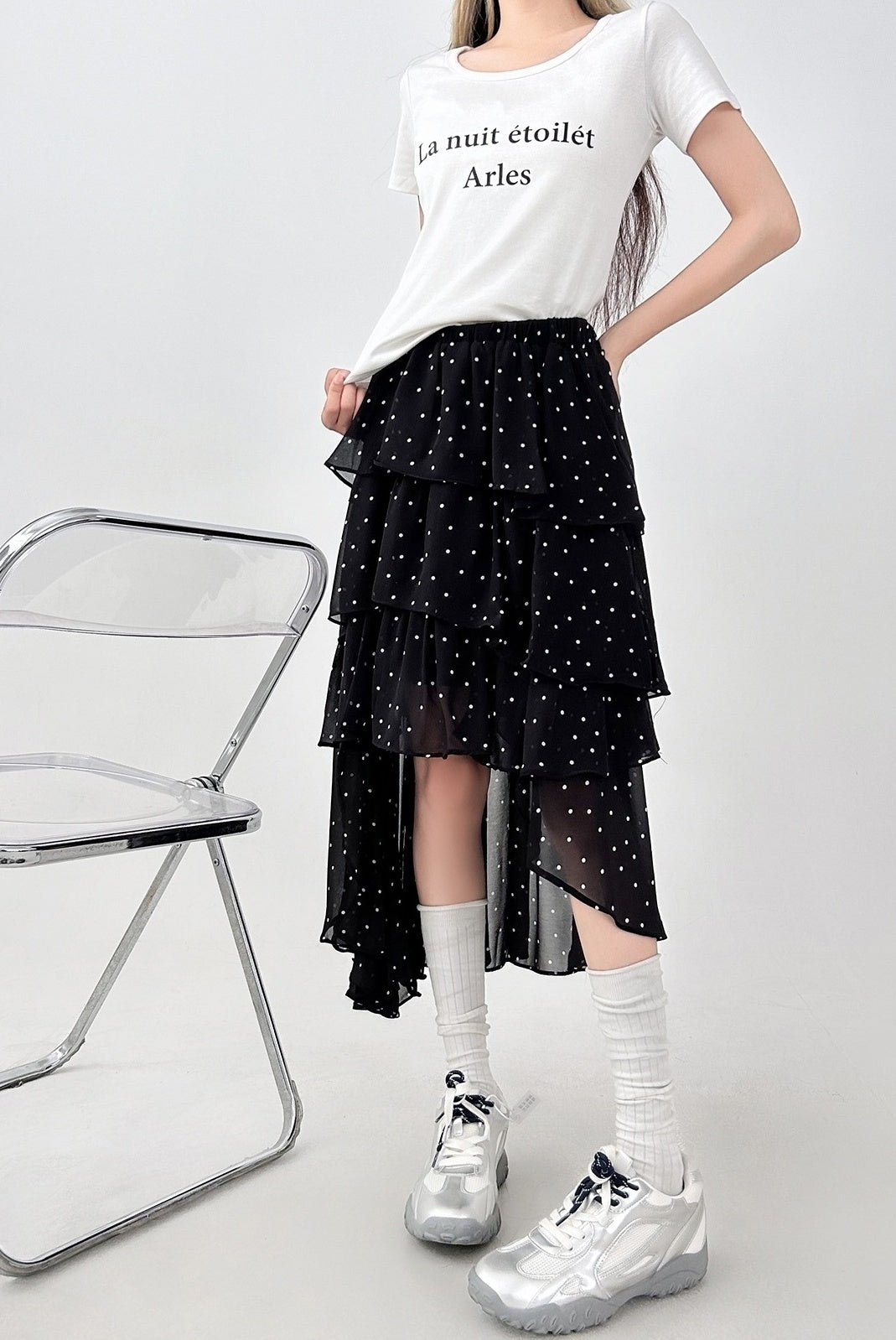 Polka Dot High Waist Mesh Midi Skirt