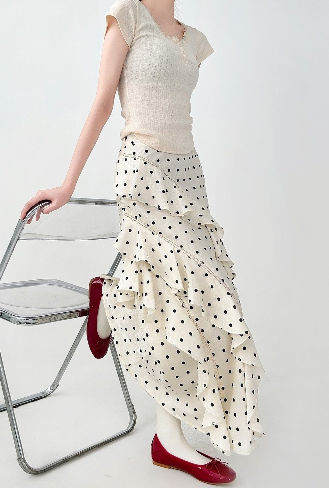 Polka Dot High Waist Ruffle Skirt