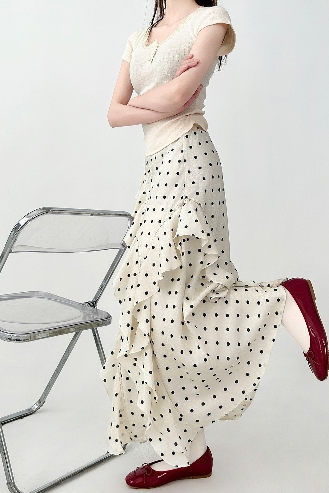 Polka Dot High Waist Ruffle Skirt