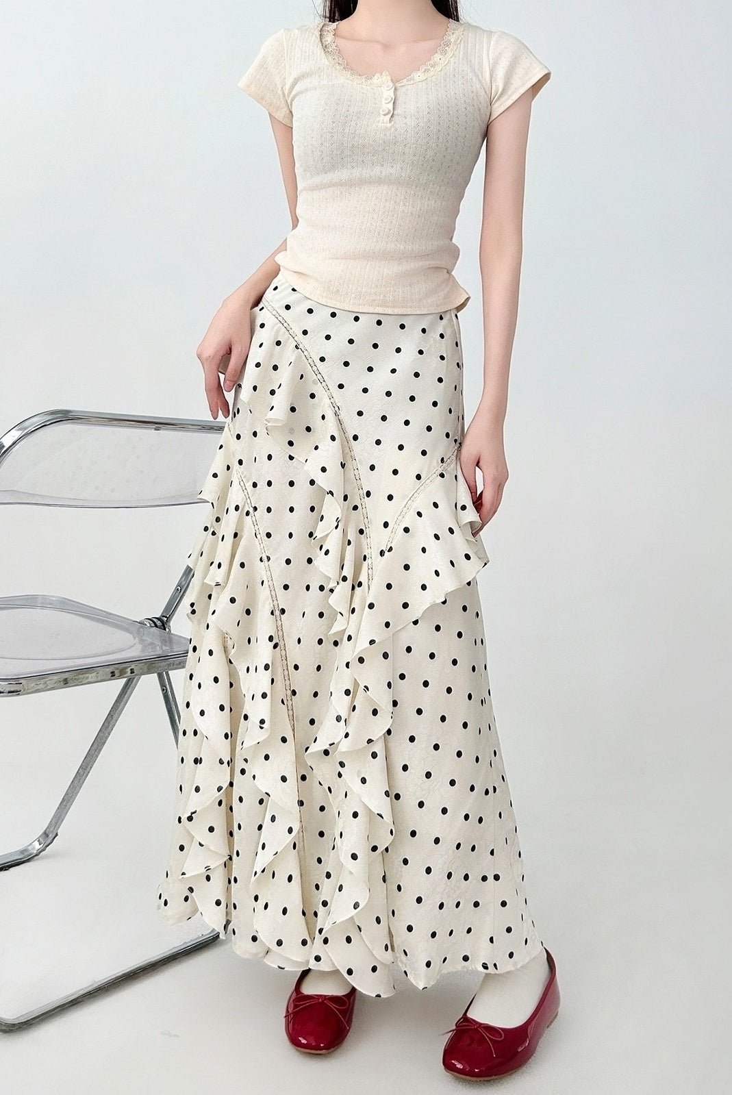 Polka Dot High Waist Ruffle Skirt