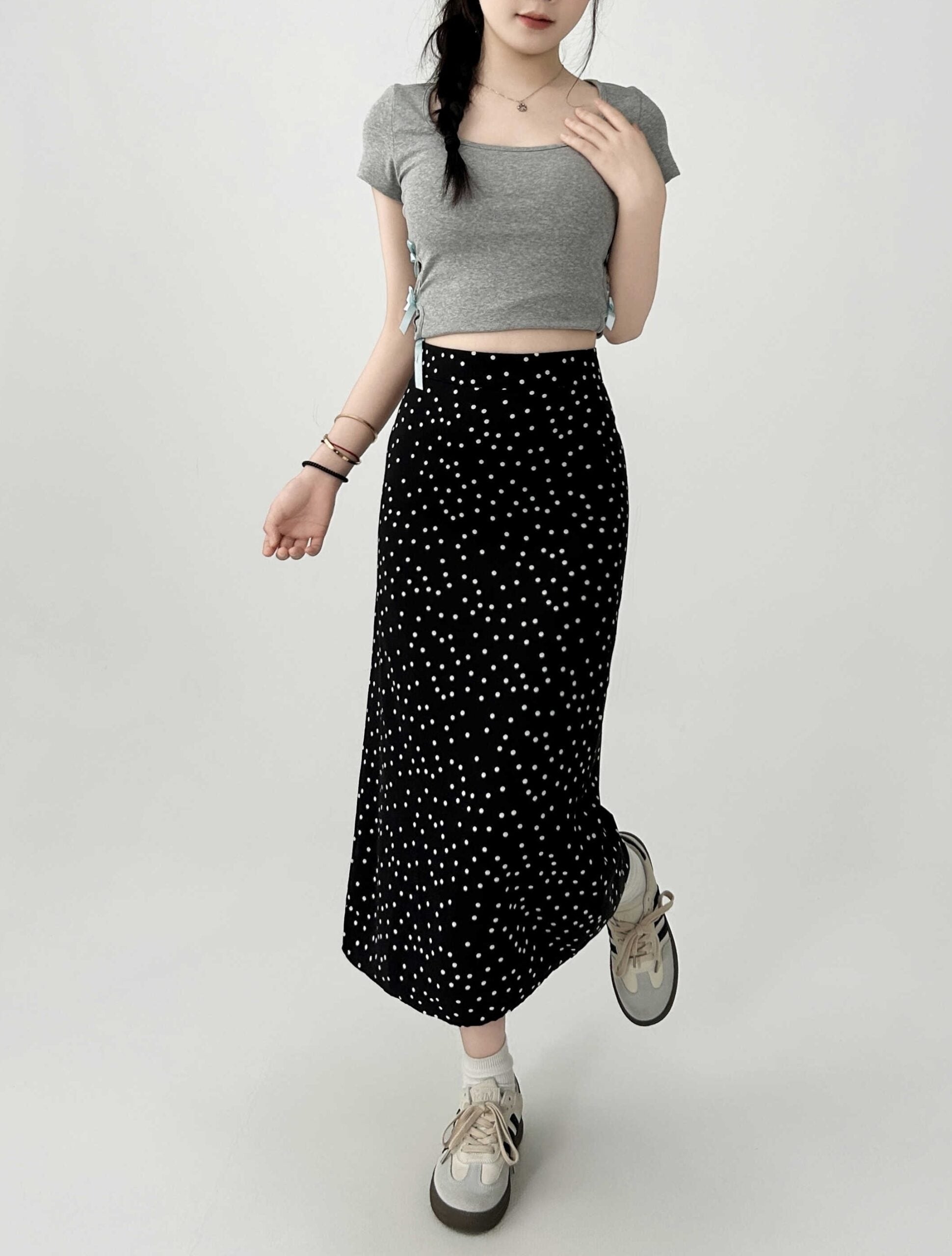Polka Dot High Waist Slimming Midi Skirt