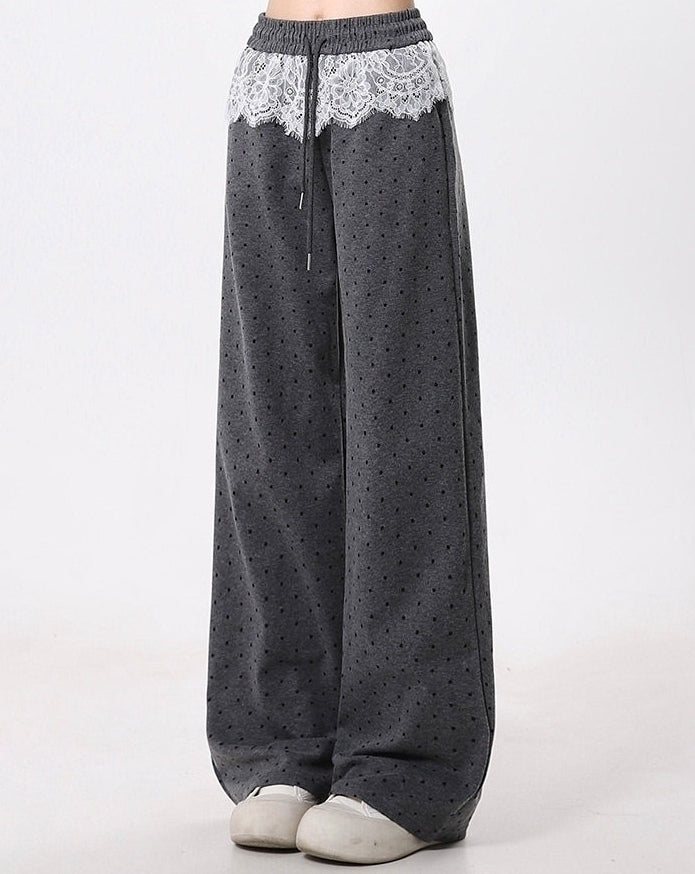 Polka Dot Lace Patchwork Wide Leg Sport Pants
