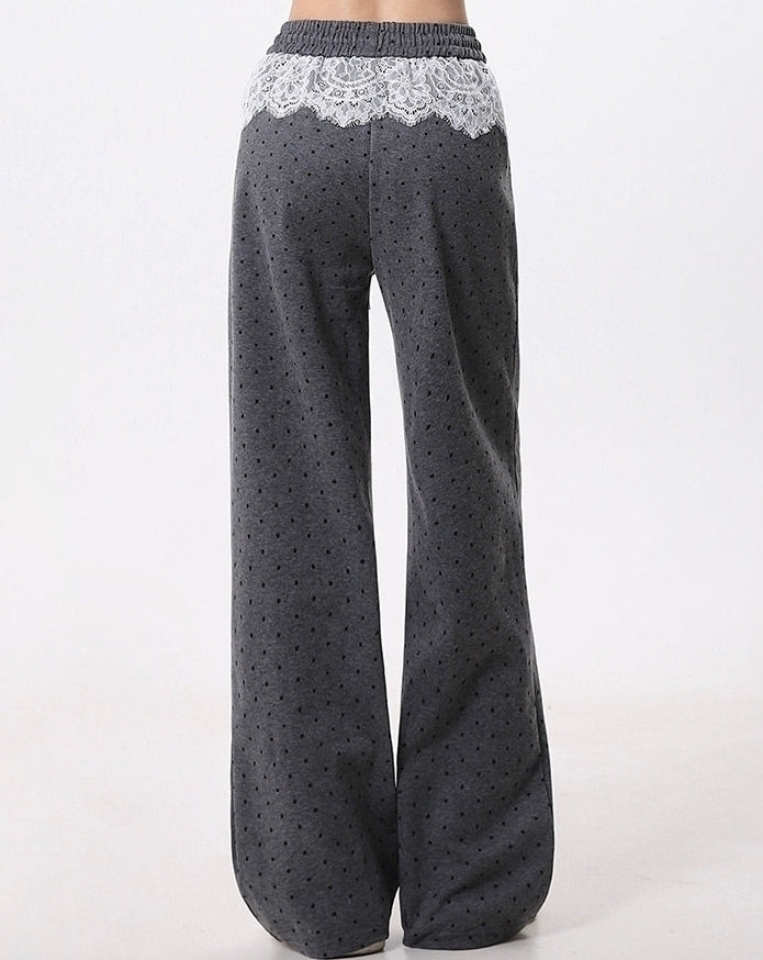 Polka Dot Lace Patchwork Wide Leg Sport Pants