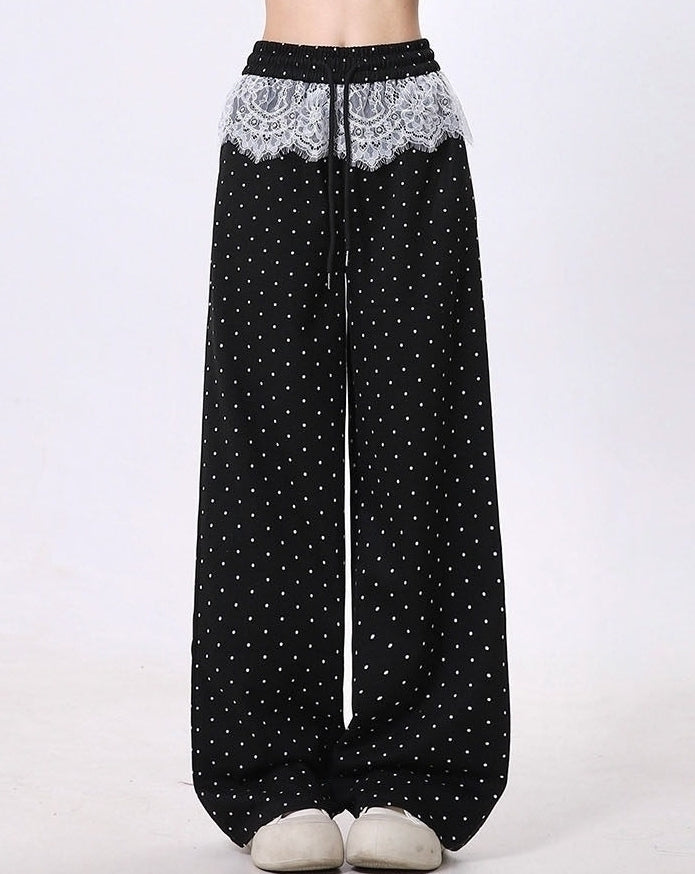Polka Dot Lace Patchwork Wide Leg Sport Pants