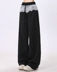 Polka Dot Lace Patchwork Wide Leg Sport Pants
