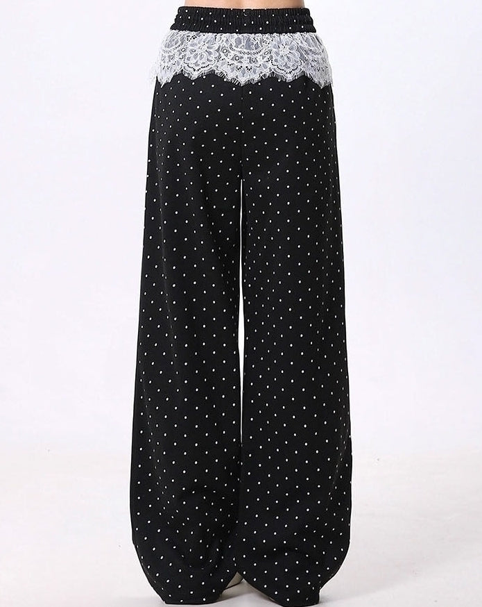 Polka Dot Lace Patchwork Wide Leg Sport Pants
