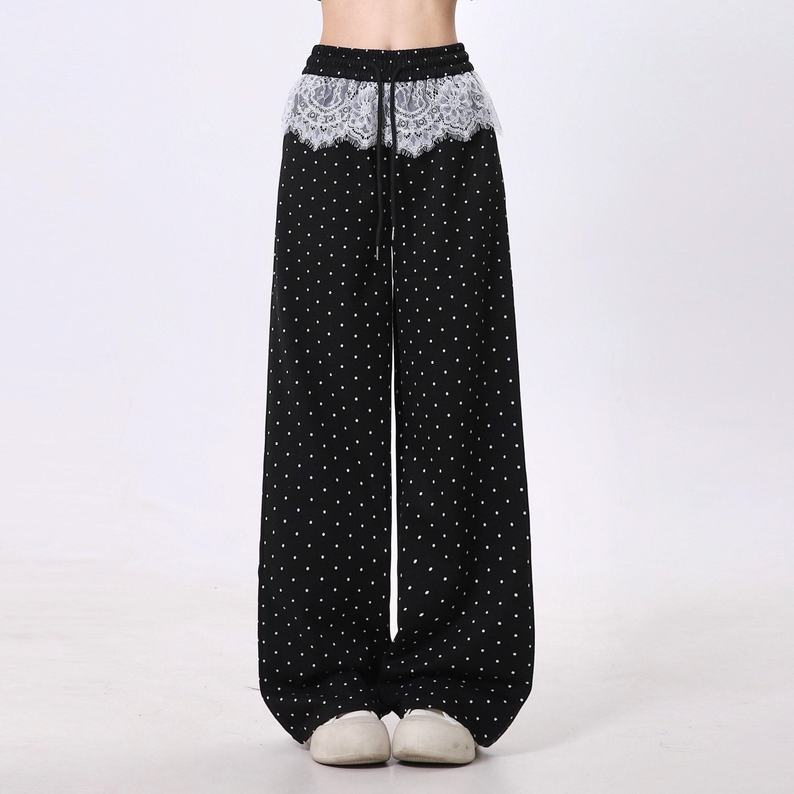 Polka Dot Lace Patchwork Wide Leg Sport Pants