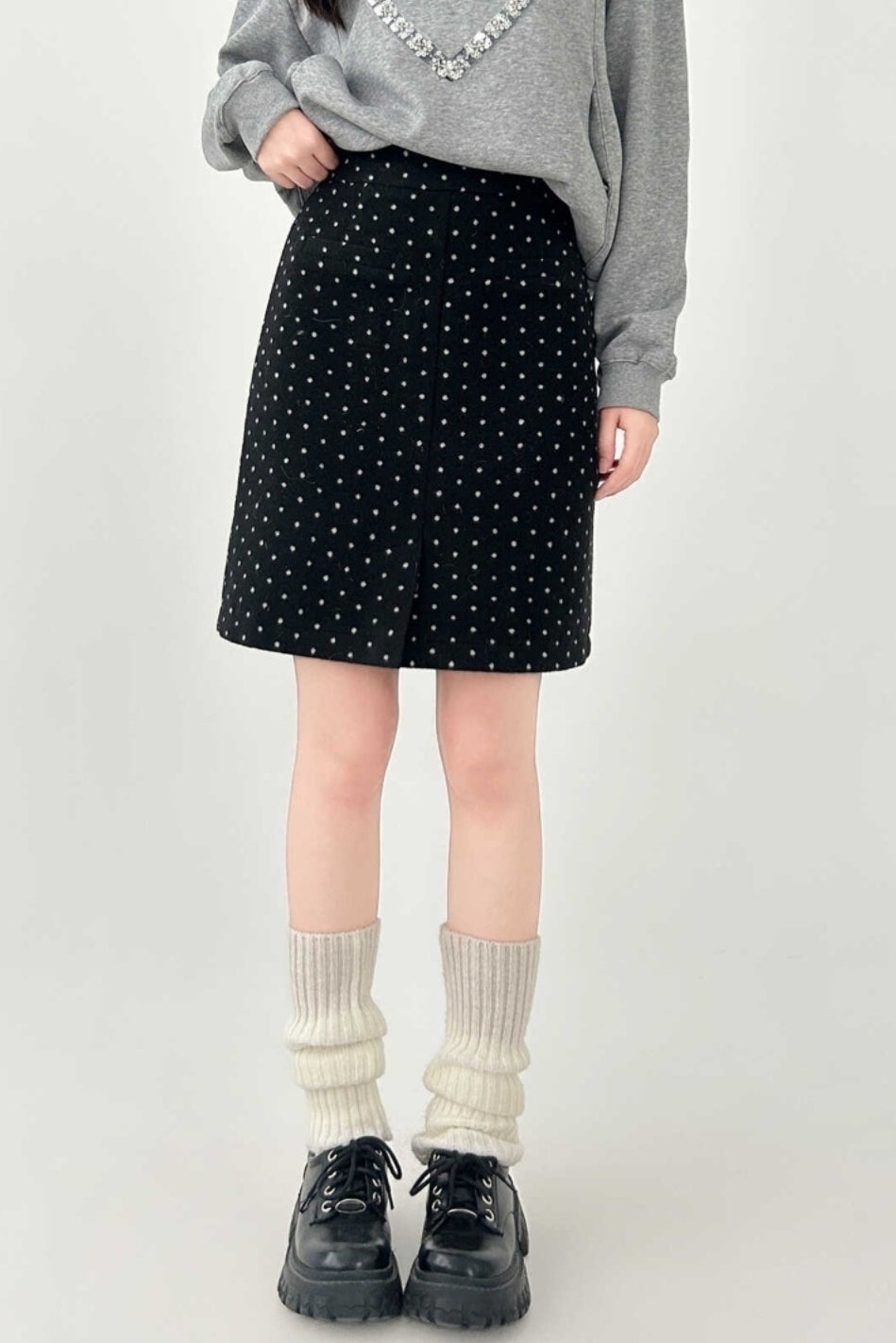 Polka Dot Blend Split Hem Midi Skirt