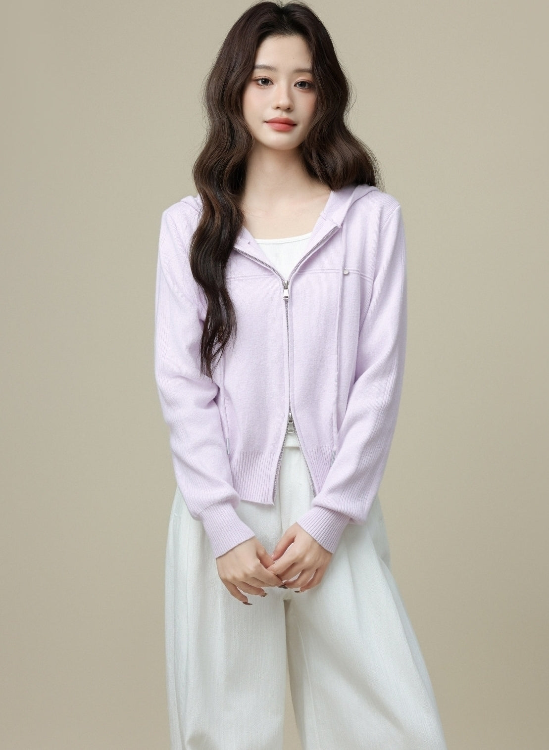 Purple Hooded Knitted Cardigan