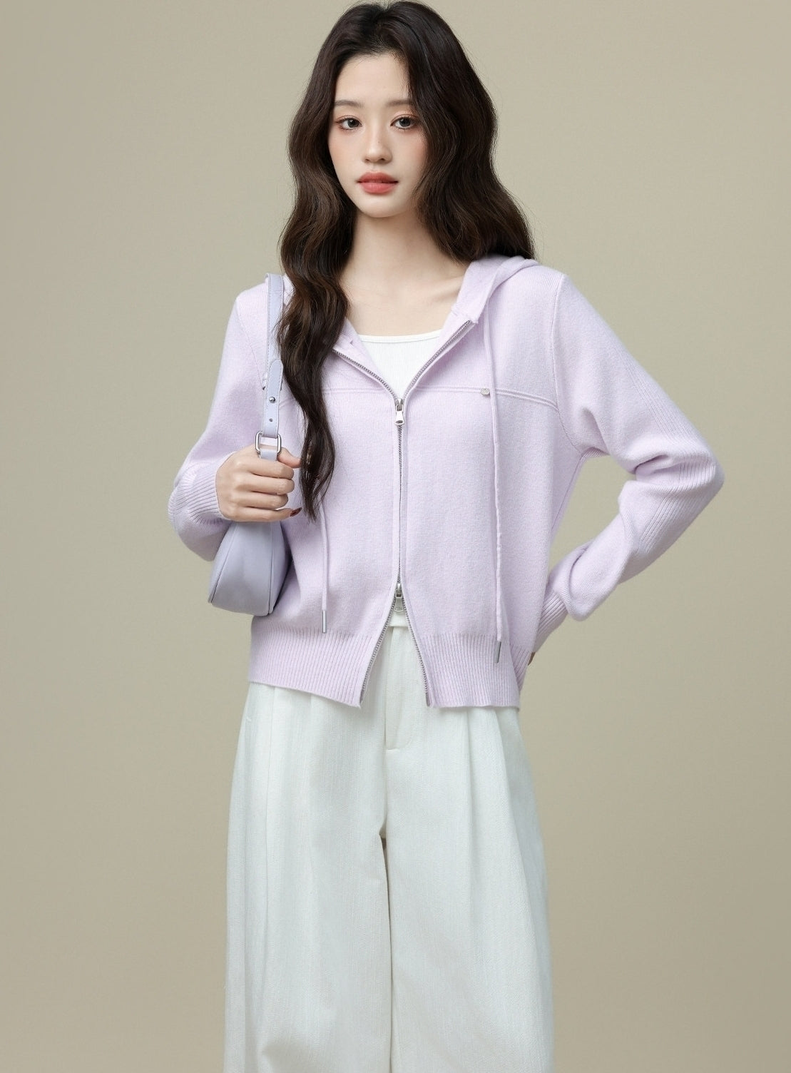 Purple Hooded Knitted Cardigan