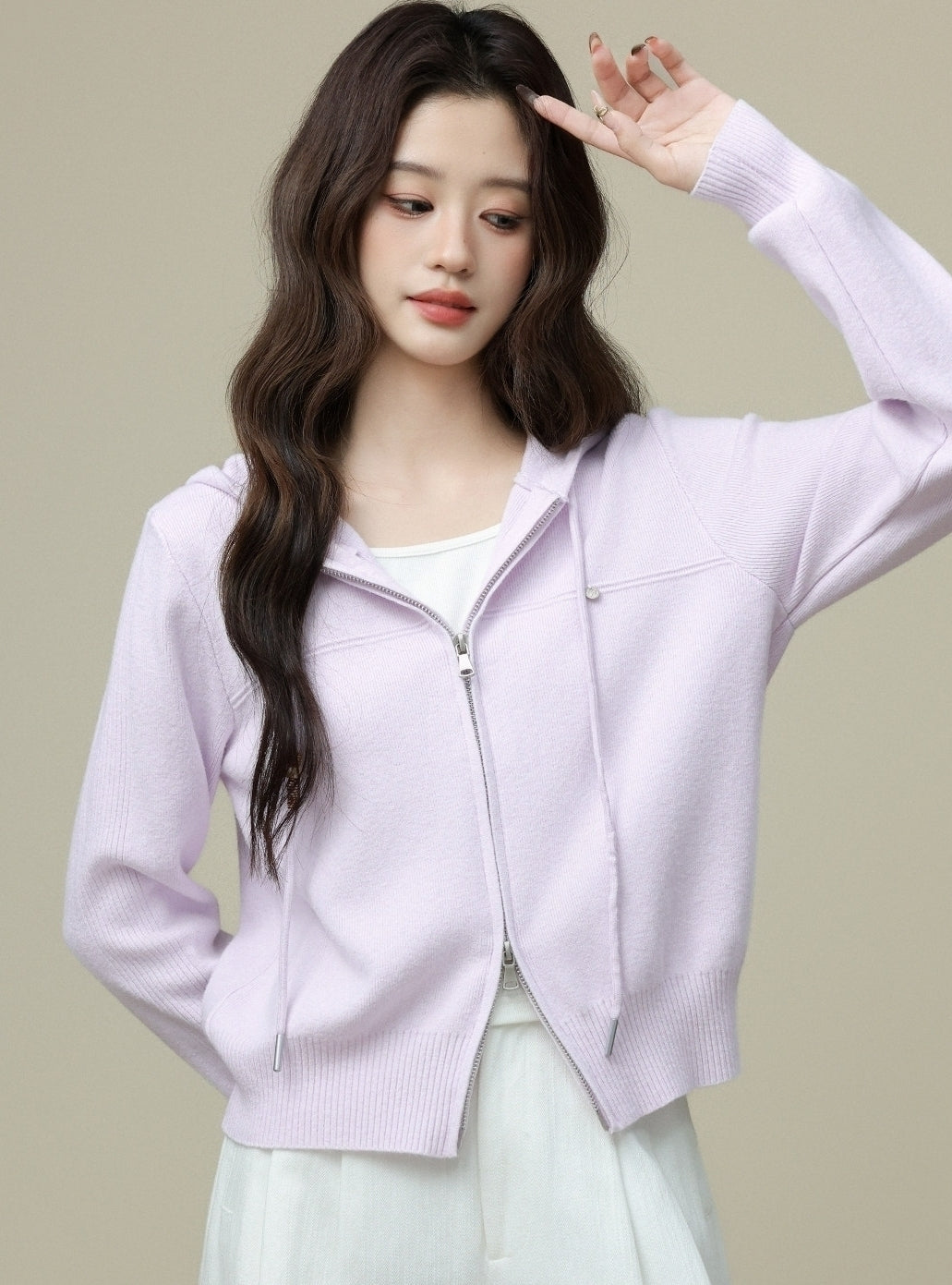 Purple Hooded Knitted Cardigan