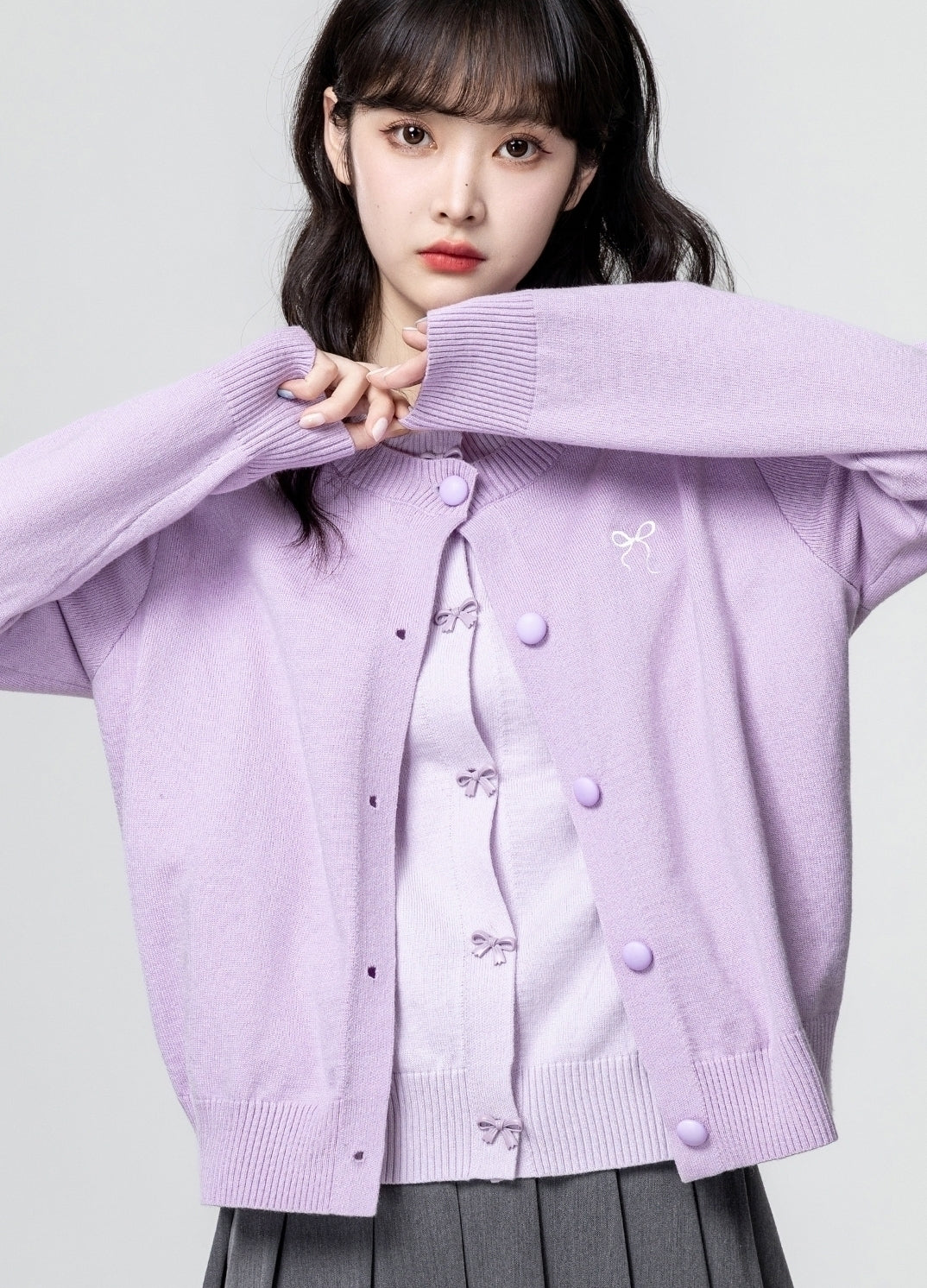 Purple Bow Knit Cardigan Lightweight Sweater Top