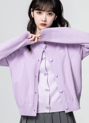 Purple Bow Knit Cardigan Lightweight Sweater Top