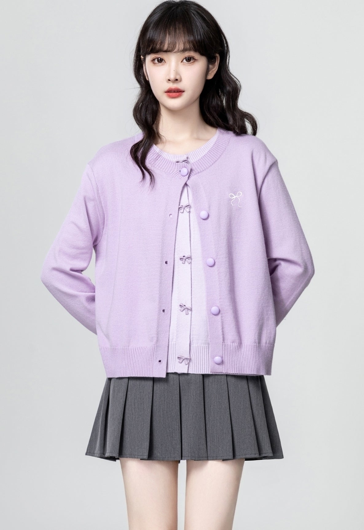 Purple Bow Knit Cardigan Lightweight Sweater Top