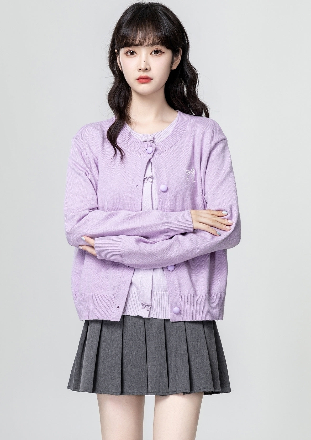 Purple Bow Knit Cardigan Lightweight Sweater Top