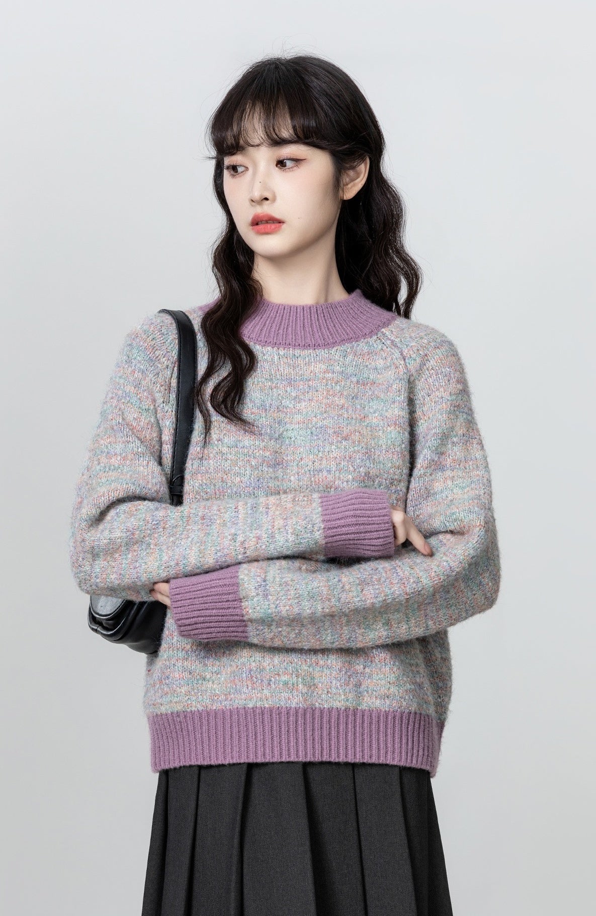 Purple Colorblock Knit Turtleneck Sweater