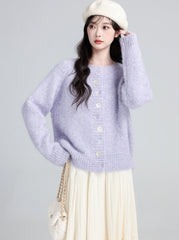 Purple Crewneck Knit Cardigan Jacket